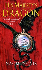 The cover of His Majesty's Dragon, featuring a black dragon curled around a gemstone.